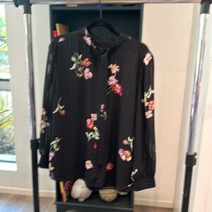 XL black blouse by Ann Taylor. Pink red and green floral on black sheer fabric